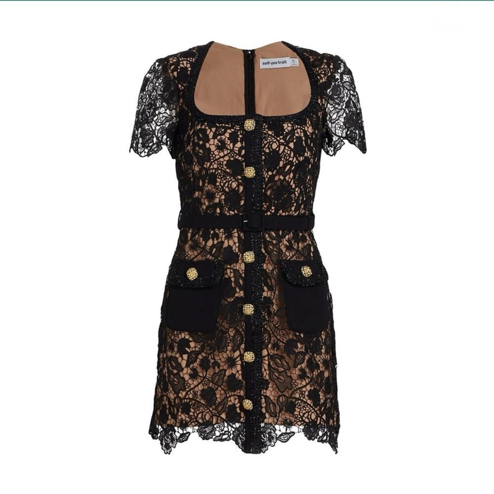 Self-Portrait Black and Tan Lace Mini Dress